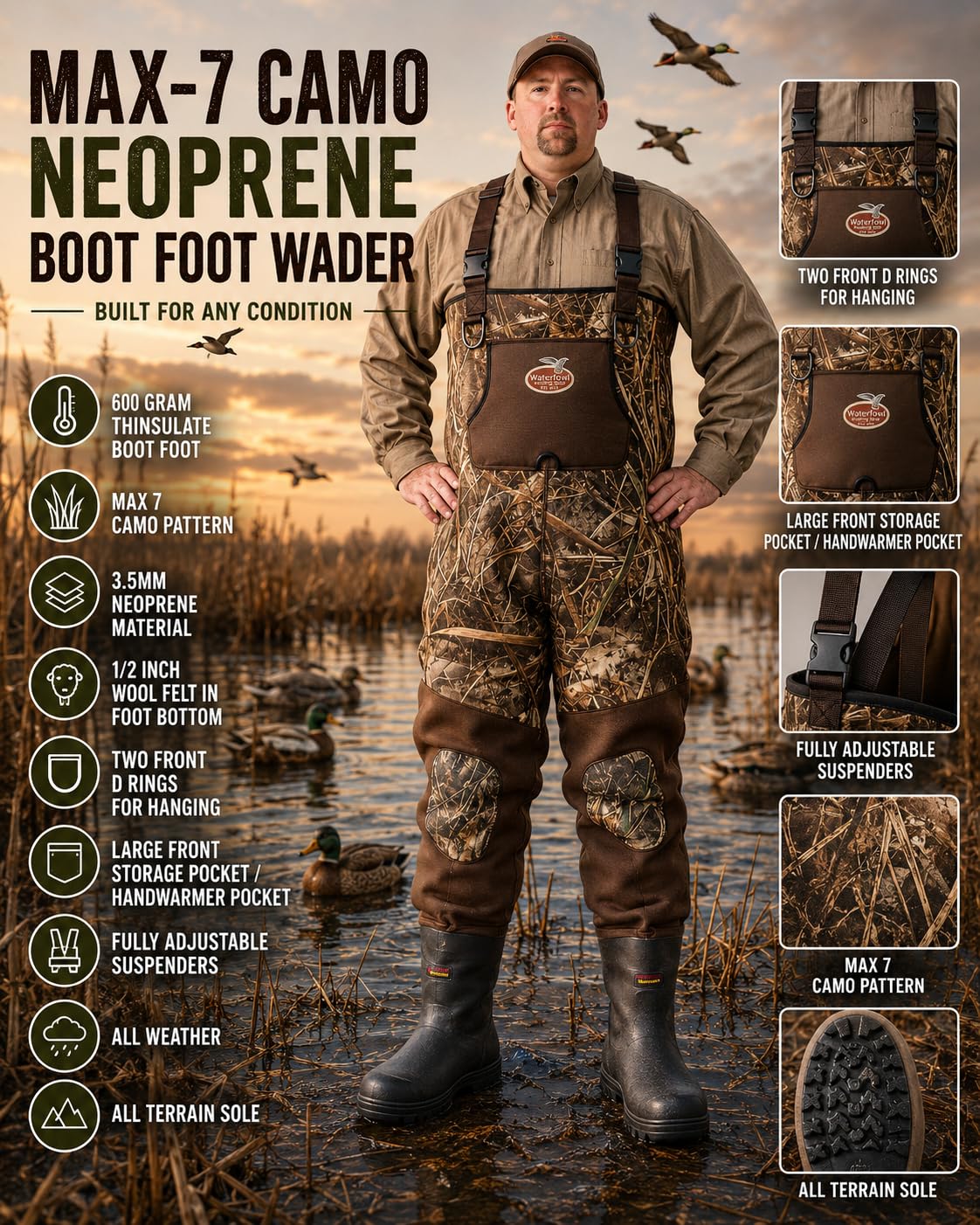 Caddis Waterfowl MAX-7 Camo Neoprene Bootfoot Wader detail