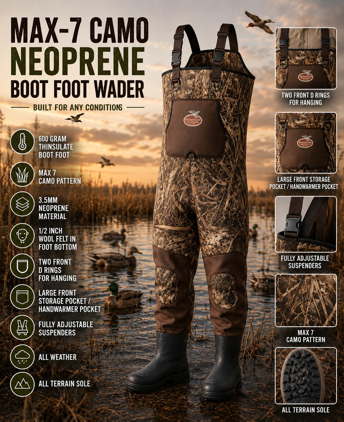 Caddis Waterfowl MAX-7 Camo Neoprene Bootfoot Wader detail