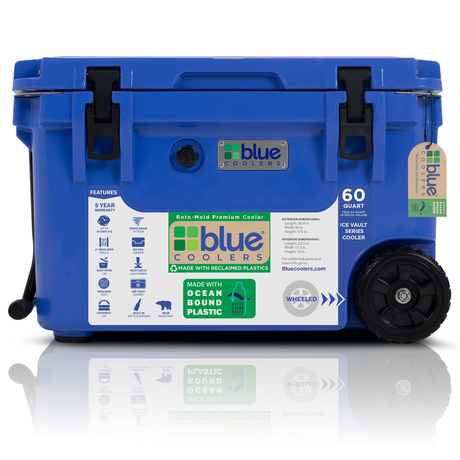 Ocean Bound Reclaimed Plastics 60 Quart Roto-Molded Cooler with Wheels