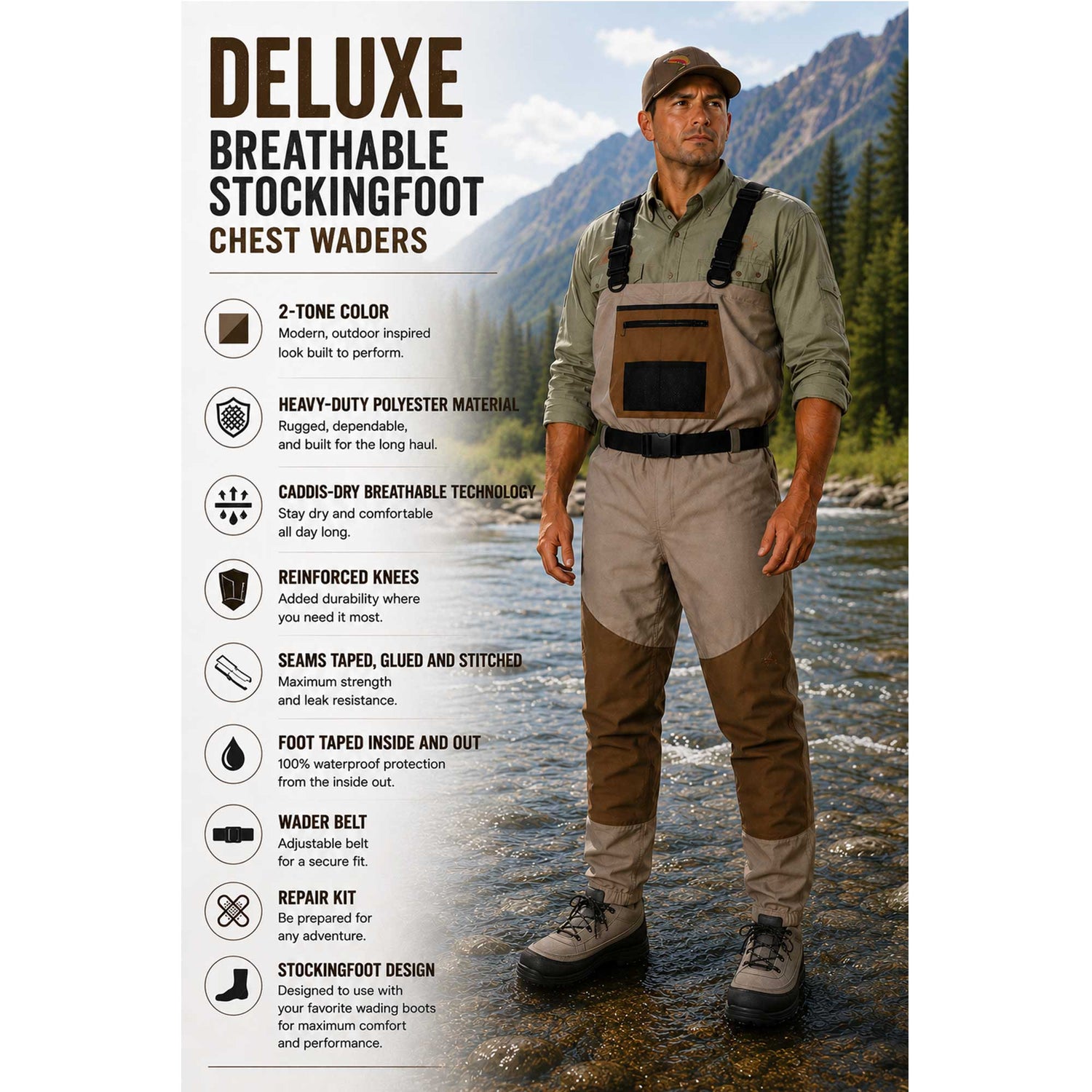 Caddis Men's 2-Tone Taupe Deluxe Breathable Stocking Foot Wader