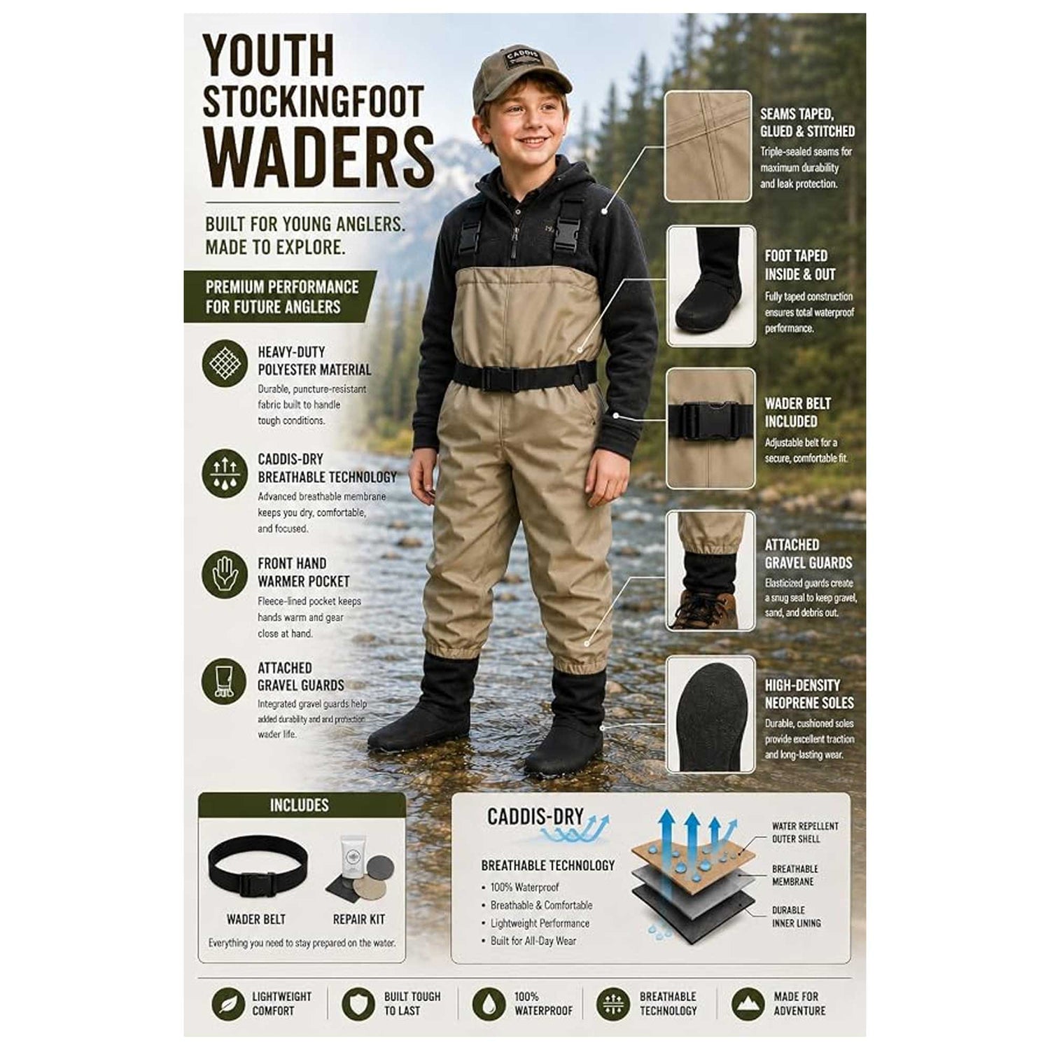 CADDIS Youth Promo Breathable Stocking Foot Waders, Taupe